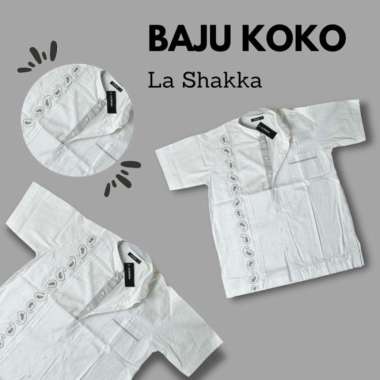 baju koko merk la shakka atau lashakka warna putih bordir motif keong lengan pendek keong abu XS