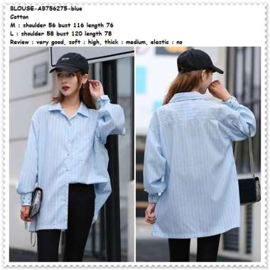AB756275 Baju Atasan Kerja Kemeja Garis Wanita Korea Import Biru Tunik