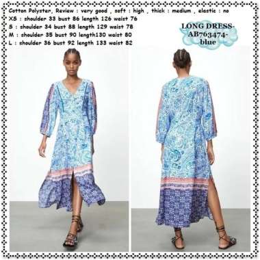 AB763474 Long Dress Midi Maxi Wanita Korea Import Biru Blue Retro