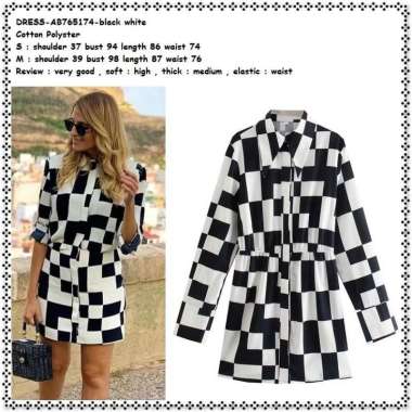 AB765174 Mini Dress Kemeja Panjang Kotak Hitam Putih Tunik Wanita