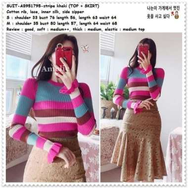 AB951795 Setelan Baju Atasan Rajut Sweater Rok Midi Brukat Korea