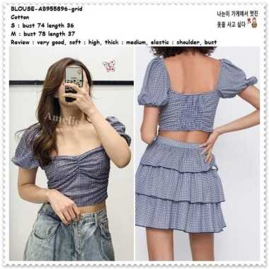 AB955896 Baju Atasan Crop Top Blouse Kotak Wanita Korea Import