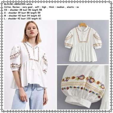 AB962394 Baju Atasan Bordir Boho Blouse Wanita Korea Import Putih