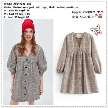 Mini Dress Lengan Panjang Kotak Wanita Korea Import AB349036 Tunik