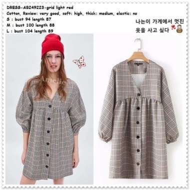 Mini Dress Lengan Panjang Kotak Wanita Korea Import AB249223 Tunik