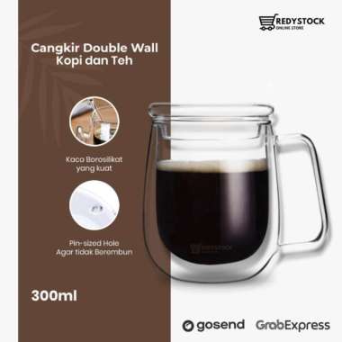 Gelas Double Wall Kopi Teh 300Ml + Tutup Kaca | Anti Panas