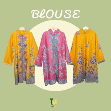 BAJU BATIK WANITA BLOUSE MODEL KERAH BATIK ATASAN BLUS LENGAN PANJANG KATUN PREMIUM MODERN MASA KINI BAHAN KATUN MOTIF BUNGA PAKAIAN KERJA RESMI Polos Kuning