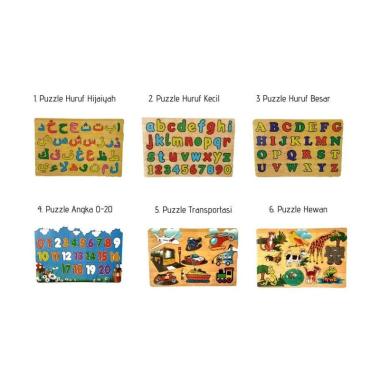 Mainan Kayu Pintar Huruf Hijaiyah Paket Puzzle [6 Pcs/ Huruf Kecil Huruf Besar Angka Hewan Dan Tran
