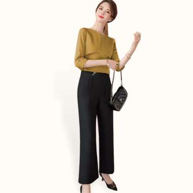 Blus Lengan 3/4 wanita Gaya Korea variasi kalung - Jfashion Sapphire L Kuning