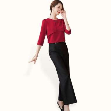 Blus Lengan 3/4 wanita Gaya Korea variasi kalung - Jfashion Sapphire XL Merah