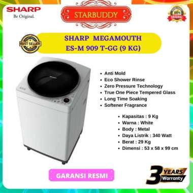 SHARP MESIN CUCI TOP LOADING ES-M909T-GG Kap 9KG- JABODETABEK