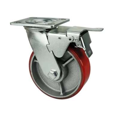 Roda Caster Troli / Troly PU Merah 8 Inch Taiwan Heavy Duty Rem ( Kunci ) Indonesia
