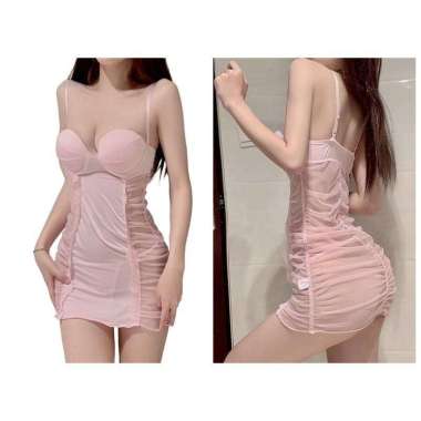 Transparan Wanita Babydoll Sexy hot Suspender ketat Mini dress Seksi FREE Pink