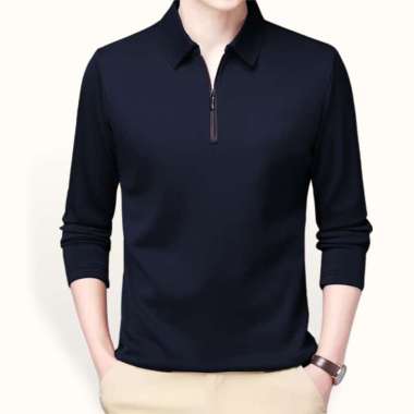 Kaos kerah Lengan Panjang Pria Gaya Korea variasi seleting - Jfashion Adelio Navy M-L