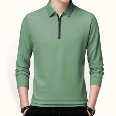 Kaos kerah Lengan Panjang Pria Gaya Korea variasi seleting - Jfashion Adelio Hijau XL-XXL