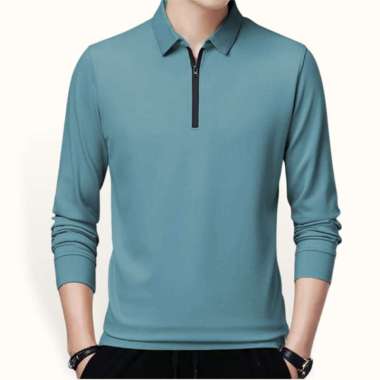 Kaos kerah Lengan Panjang Pria Gaya Korea variasi seleting - Jfashion Adelio Biru XXXL