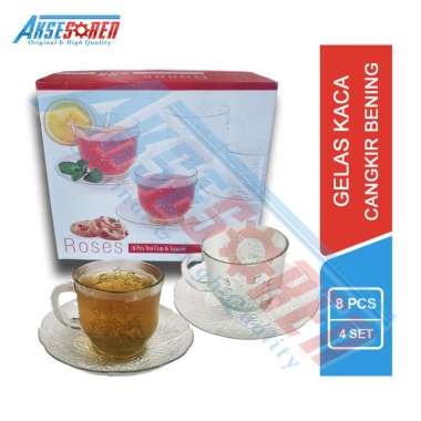 Aksesoren Cangkir Teh Dan Alas Bermotif / Gelas Kaca Beling Transparan / Cangkir Teh Kecil 1 Box / T