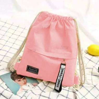 Ransel Tas Serut Wanita Home Stringbag Korea Termurah - Hitam Pink