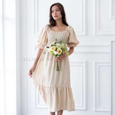 ELLIPSESINC Dress Casual Wanita / Lindsay Smocked Dress XL CREAM