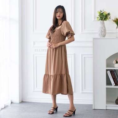 ELLIPSESINC Dress Casual Wanita / Lindsay Smocked Dress XL CHOCO