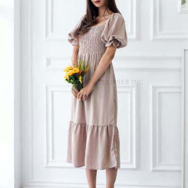 ELLIPSESINC Dress Casual Wanita / Lindsay Smocked Dress XL KHAKI