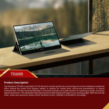 ViewSonic TD1655 - 15.6" Touch Portable Monitor | 1080p | USB-C