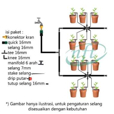 Paket Drip Irigasi 12 Titik Selang 16mm Tipe Kran Drat