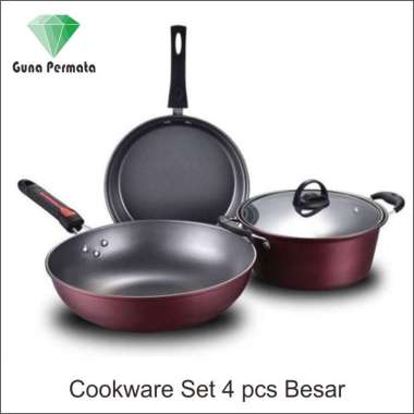 GM Bear Cookware Set 4 pcs Besar - Wok Pan + SoucePan + FryPan + Pan Glass Lid - Set Panci Wajan Tef