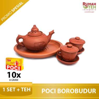 Poci Set Teh Tanah Liat Tipe Borobudur - Perangkat Minum Teh + Teh Poci Kuning Lusinan