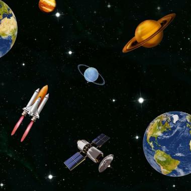 WALLPAPER DINDING KAMAR ANAK MOTIF PLANET LUAR ANGKASA LANGIT HITAM BIRU
