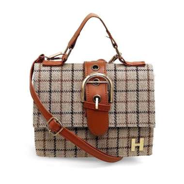 Hamlin Werlyn Tas Selempang Wanita Tartan Casual Large Storage Material Canvas ORIGINAL - Cream