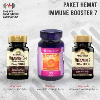 Paket Hemat Immune Booster 7 Windmill Vit D3 1000 100Tabs, Windmill E400 90Tabs & Wellness C 1000 30