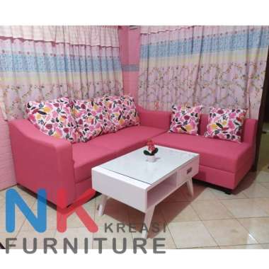 Sofa set Kursi Ruang Tamu Pink + Meja Retro Putih