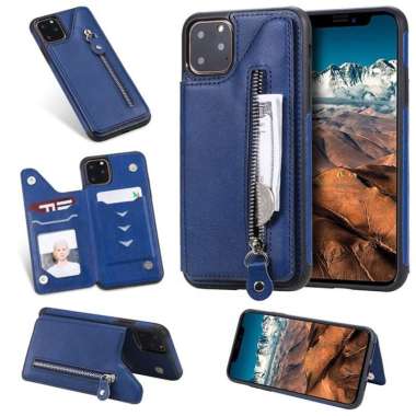 Case iPhone 13 Pro / 13 Pro Max / 13 Mini - Stand Dompet Kartu Zipper - Hitam / Coklat / Biru / Pink