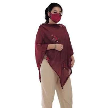 Blus Tunik Polos Atasan Loose Big Size Asimetris Ponco Vertikal sifon Border Maron Gesyal