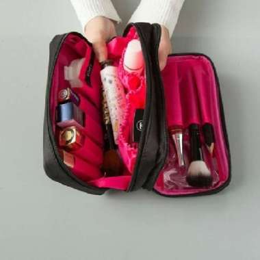 DOUBLE ZIP Make Up Pouch / Cosmetic Pouch / Tas Kosmetik Dua Sisi BLACK(/PINK)