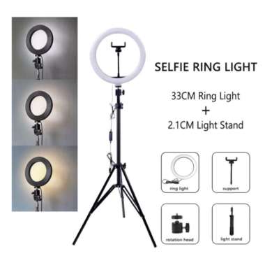 Lampu Ring Light Set Jumbo LED 33cm + Tripod 210cm + Phone Holder - White-Warm 100 % ORIGINAL Multic