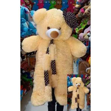 Boneka Beruang Teddy Bear Syal Topi Jumbo 1 Meter Cream