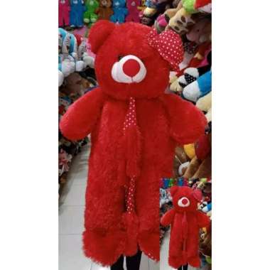 Boneka Beruang Teddy Bear Syal Topi Jumbo 1 Meter Merah