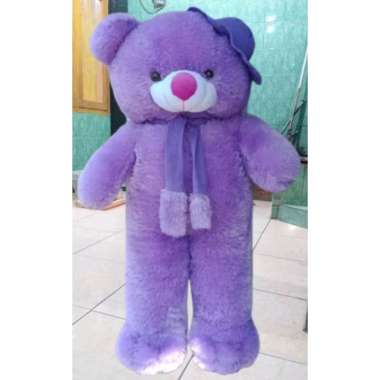 Boneka Beruang Teddy Bear Syal Topi Jumbo 1 Meter Ungu