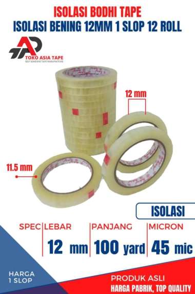 ISOLASI / SELOTIP BENING BODHI TAPE 12MM X 100YARD 1 SLOP 12 ROLL BENING