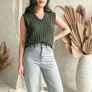 Rompi Cable Knit / Rompi Rajut Kepang / Rompi Rajut Wanita / Rajut V -Neck / Vest Knit army
