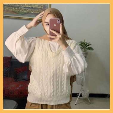 Rompi Cable Knit / Rompi Rajut Kepang / Rompi Rajut Wanita / Rajut V -Neck / Vest Knit Putih BW