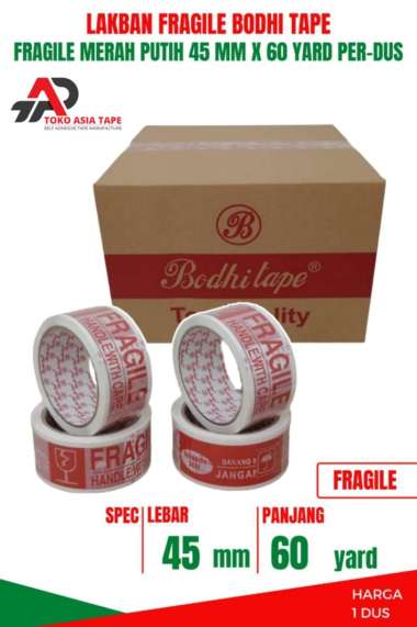 LAKBAN PACKING FRAGILE MERAH PUTIH 45MM X 60YARD BODHI TAPE 1 DUS MERAH PUTIH