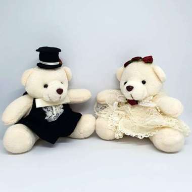 Boneka Teddy Bear Mini Couple Wedding Baju Lucu Pengantin Kecil 13 Cm