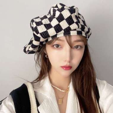 Topi Baret Artis Korea Motif Kotak2 Topi Size Besar Topi OOTD Hijab Baret Chess Board