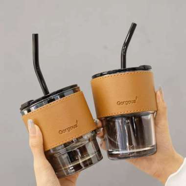 Cangkir Kopi Kaca Bamboo Cup dengan Pegangan Kulit dan Sedotan Hitam