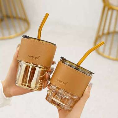 Cangkir Kopi Kaca Bamboo Cup dengan Pegangan Kulit dan Sedotan Kuning