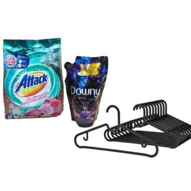 Perlengkapan Pencuci Pakaian Deterjen Bubuk Attack + Downy + Hanger