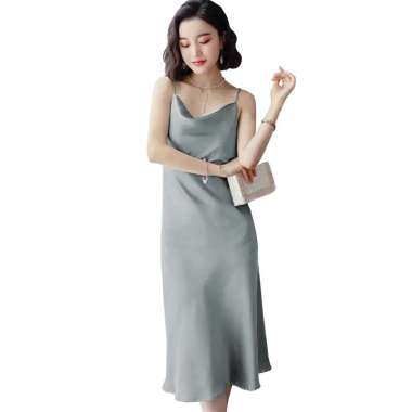 Long Dress Camisoles sexy Saten Tali kecil Wanita Gaya Korea - Jfashion Wiyana M-L Abu-abu